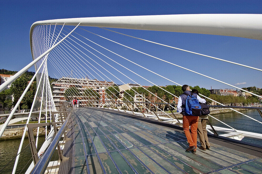 Zubizuri (White Bridge) bridge by Santiago Calatrava over ria, Bilbao. Biscay, Euskadi. Spain