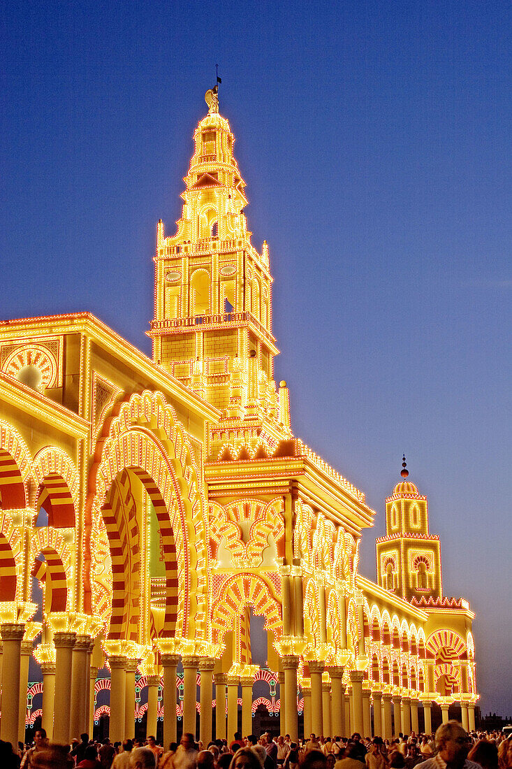 Illuminated main front of May Fair, Córdoba. Andalusia, Spain