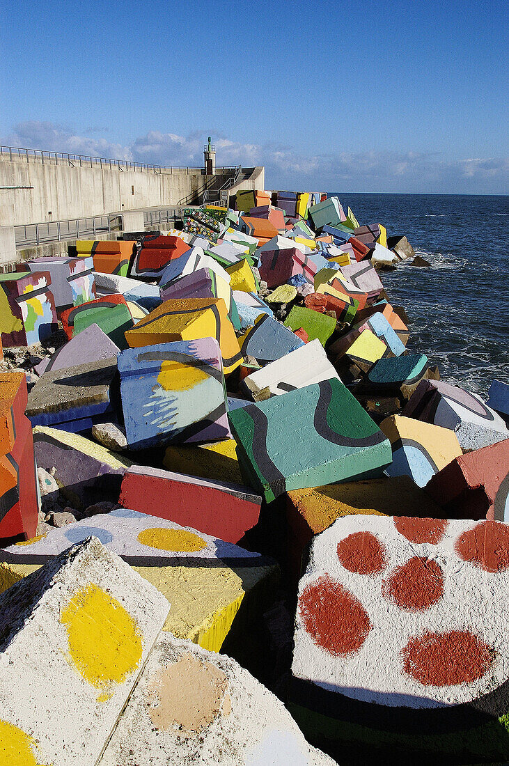 Los Cubos de la Memoria (the cubes of memory, work by sculptor Agustin Ibarrola in the seaport), Llanes. Asturias, Spain