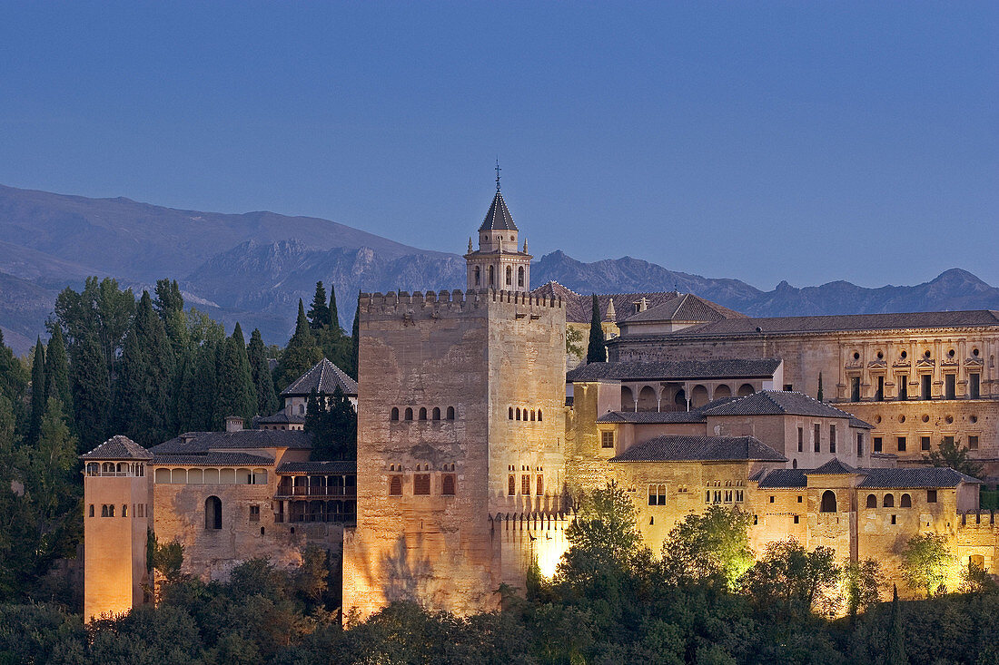 Evening view of the Alhambra from the Mirador de San Nicolas. Granada. Andalucia. Spain.
