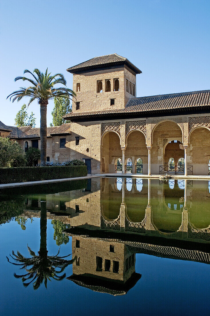 Pond and Ladies Tower. Palacio Nazarí. Partal Gardens. Alhambra. Granada. Andalucia. Spain.