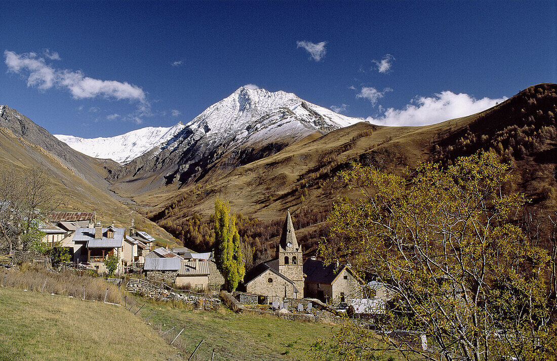 Hières, alpine village, medieval church, alpine pastures, autumn colours, first snow, Haute Dauphiné, France