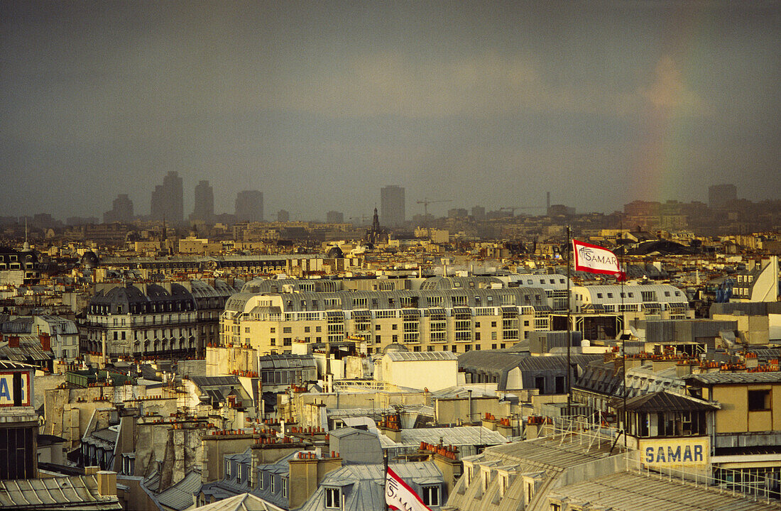 View from the department store Samaritaine, rive droite, thunderstorm over Paris, France