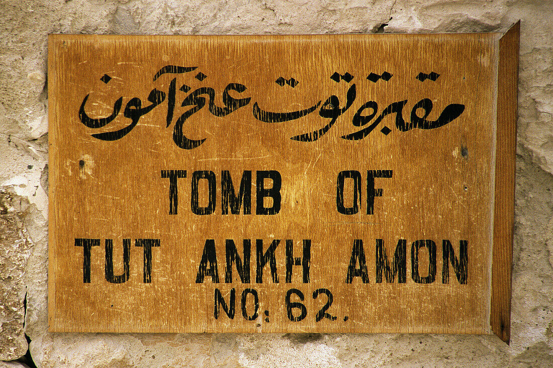 Sign marking the entrance to the Tomb of Tutankamon, tomb number 62 in the Kings Valley. Luxor West Bank, Egypt