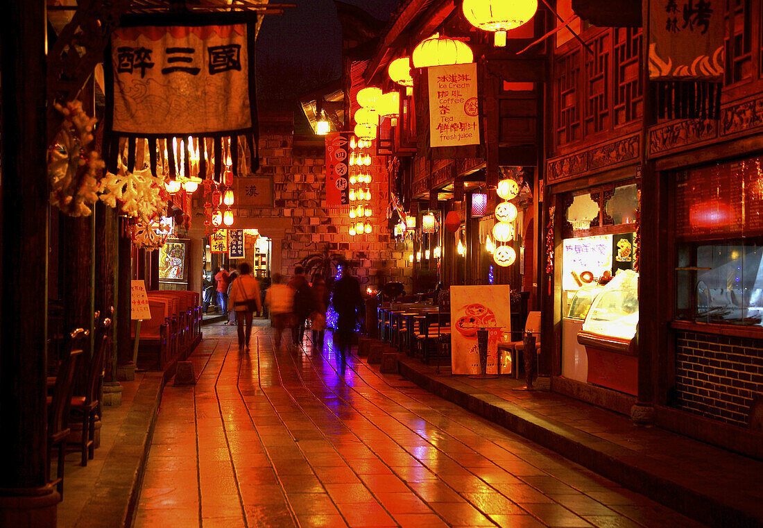 Asia, Chengdu, China, Food, Jinli, Life, Neon, Night, Pedestrian precinct, Pedestrian precincts, Pink, Province, Shopping, Sichuan, Signs, Street, Szechwan, Time, T91-604826, agefotostock