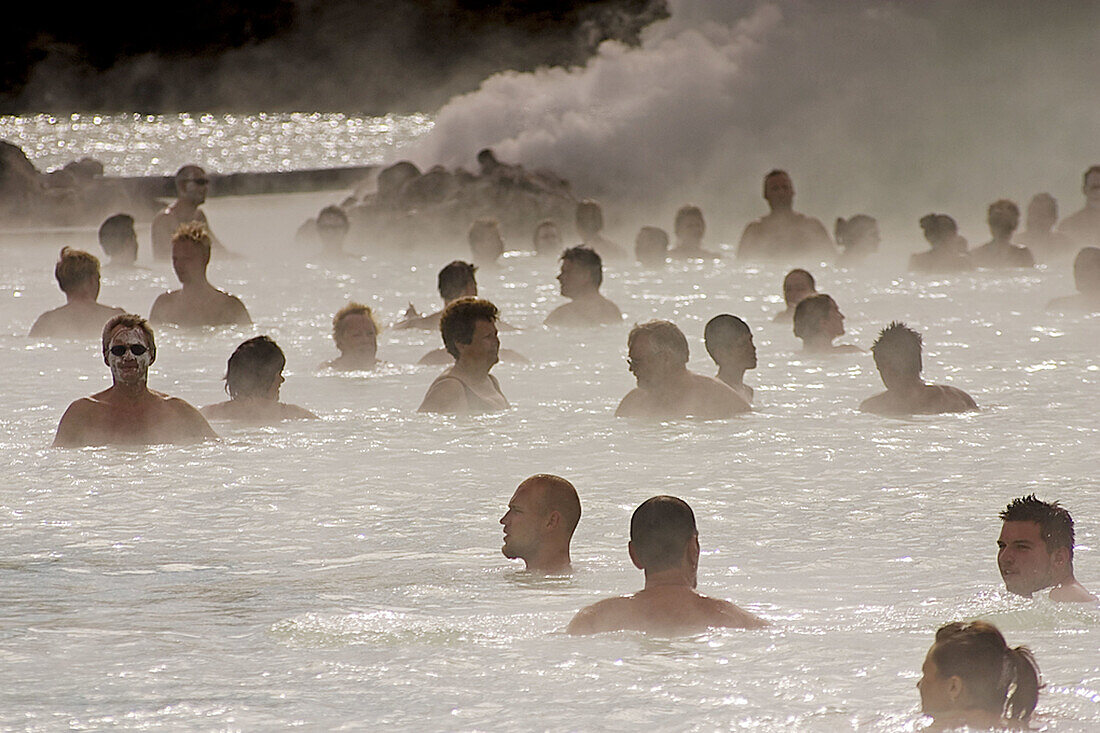 Bathers in the termal treatment center in Blue Lagoon, Iceland