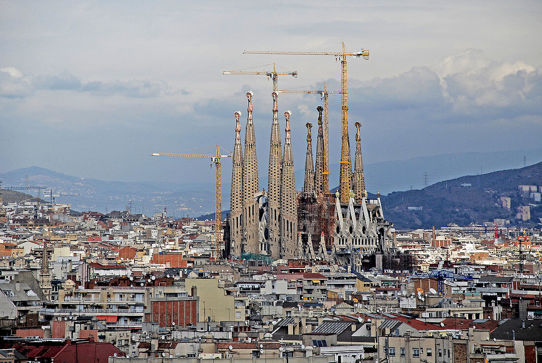 View of Sagrada Familia from Banco Español de Crédito. Plaça de Catalunya, Barcelona, Spain