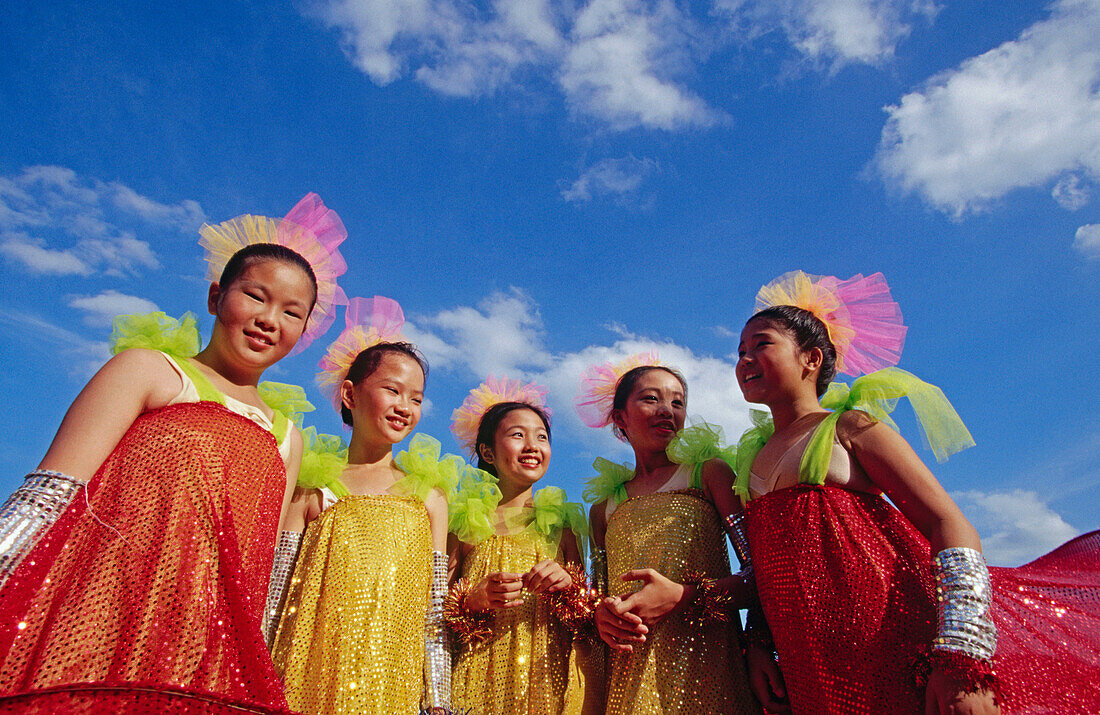 Singapore Chinese New Year, Mardis Gras. Chinese Children in Mardis Gras Costumes