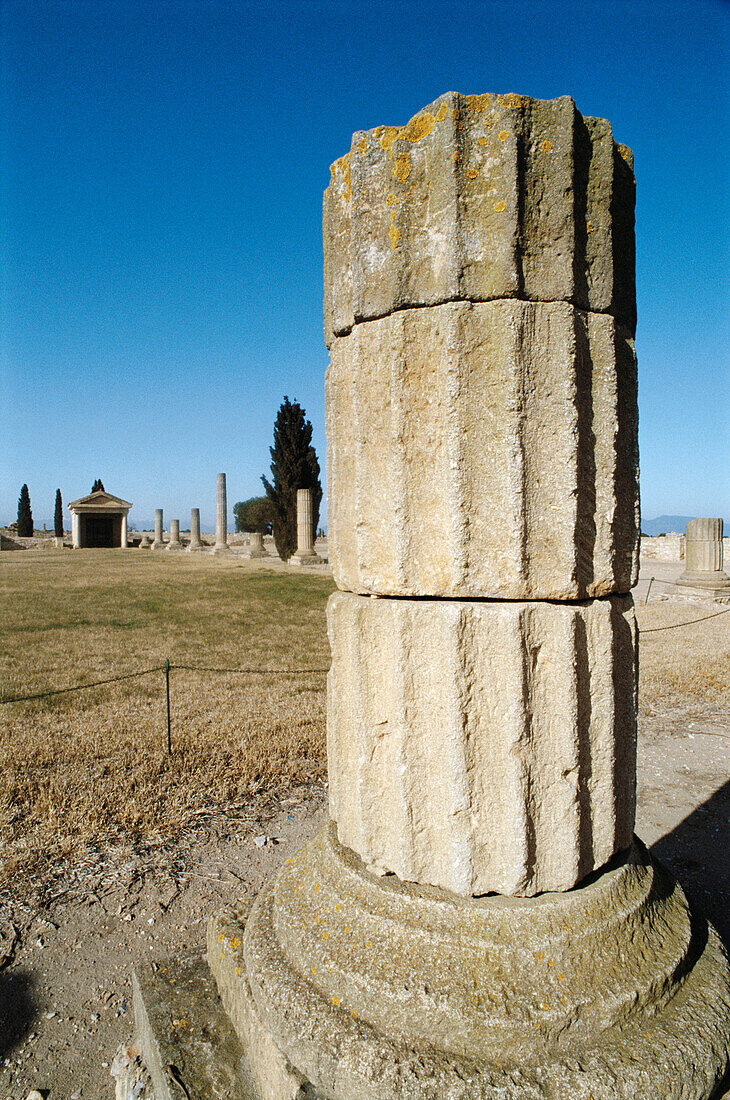 Columns at the temple area. Roman ruins of the old city of Ampurias (Emporion). Girona province. Spain