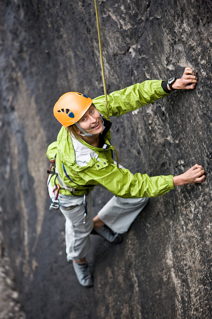 Female climber on Papststein, Saxon Switzerland, Saxony, Germany