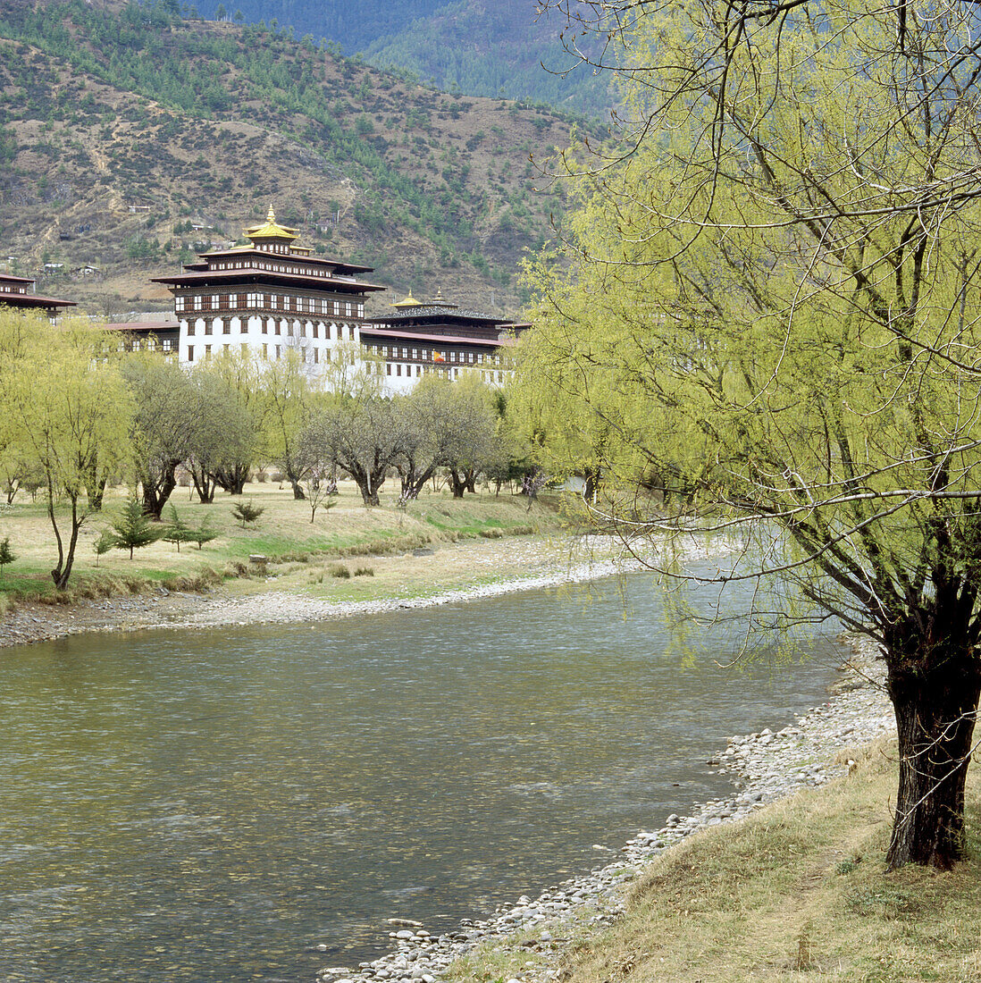 Thimphu Dzong across the river. Bhutan.