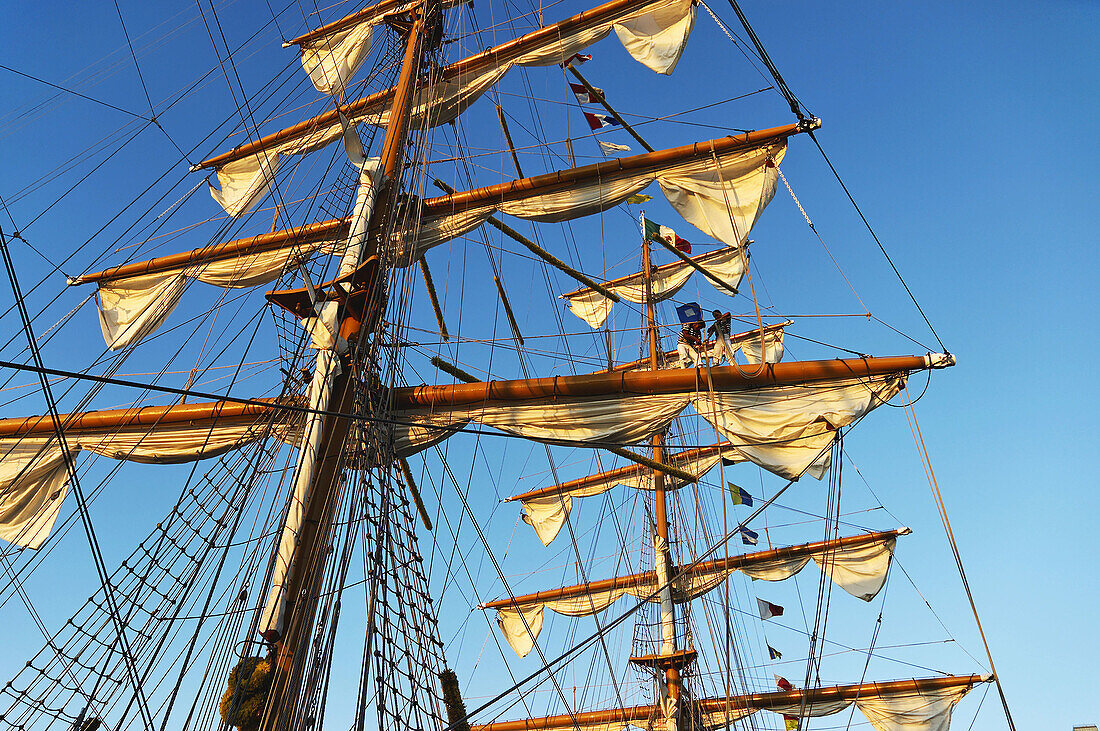 Sailors in the rigging of the Mexican navy training ship Cuauhtemoc at San Diego Harbor, California.