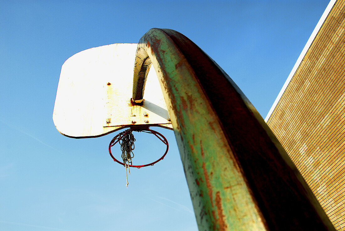 Active, Activities, Afternoon, Alone, Ball, Basket, Basketball, Basketball court, Blue sky, Building, Challenge, Challenging, Color, Colour, Contemporary, Court, Deserted, Excercise, Excercising, Finished, Fresh air, Future, Game, Games, Hoop, Hoops, Hori