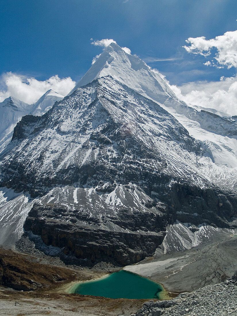 glacial lake under holy Tibetan peak of Yanmaiyang, Yading National Park, China