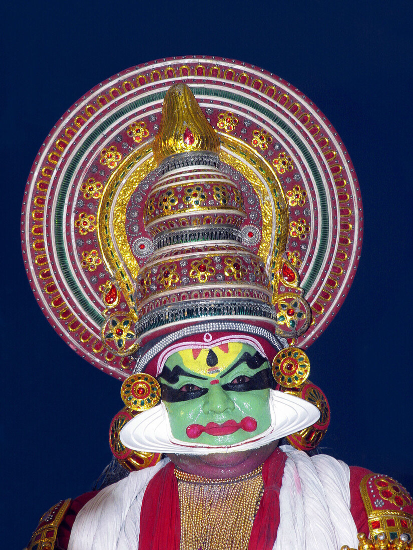 This picture represents a character type called Pacha meaning the colour green. This play was performed at Theerthapadamandapam. Trivendrum, Kerala. India.