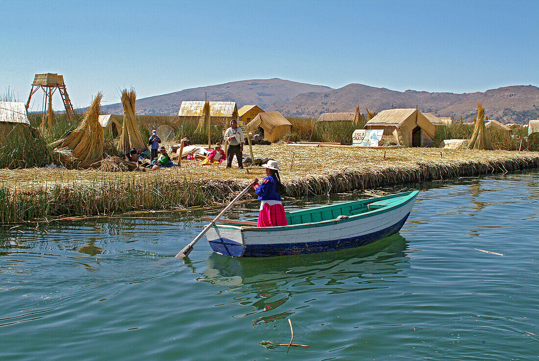 Indigenous people of the Uros on a reef Island, Lake Titicaca, Peru, South America