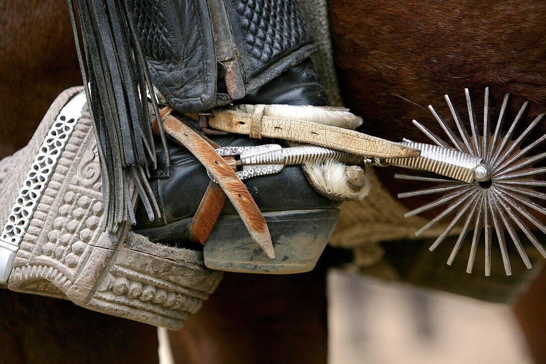 Cowboy boot with spur at a rodeo in Conchi, Chiloé, Chile, South America