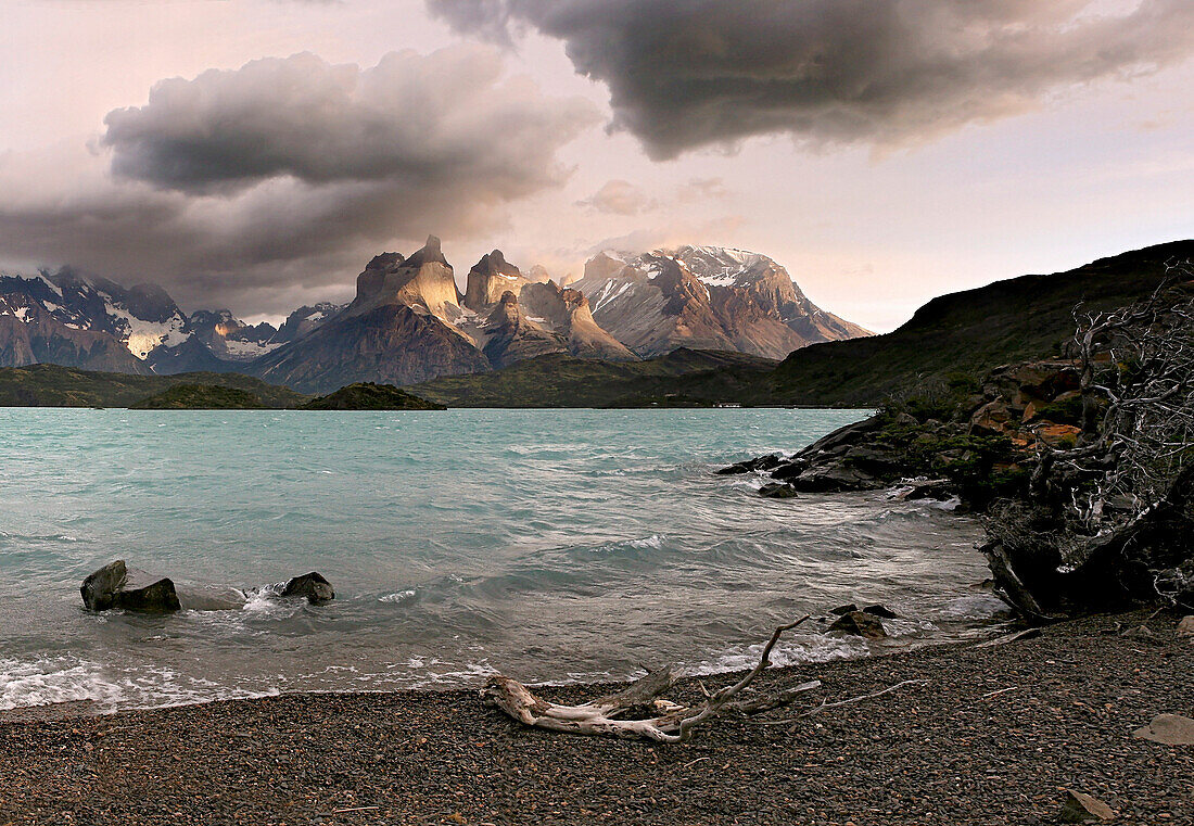 Lago Pahoé mit Torres del Paine im Hintergrund, Nationalpark Torres del Paine, Patagonien, Chile, Südamerika