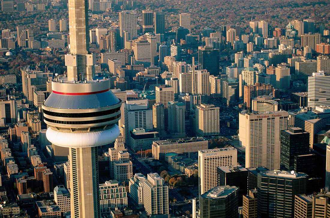 Aerial of Toronto, CN Tower at fore