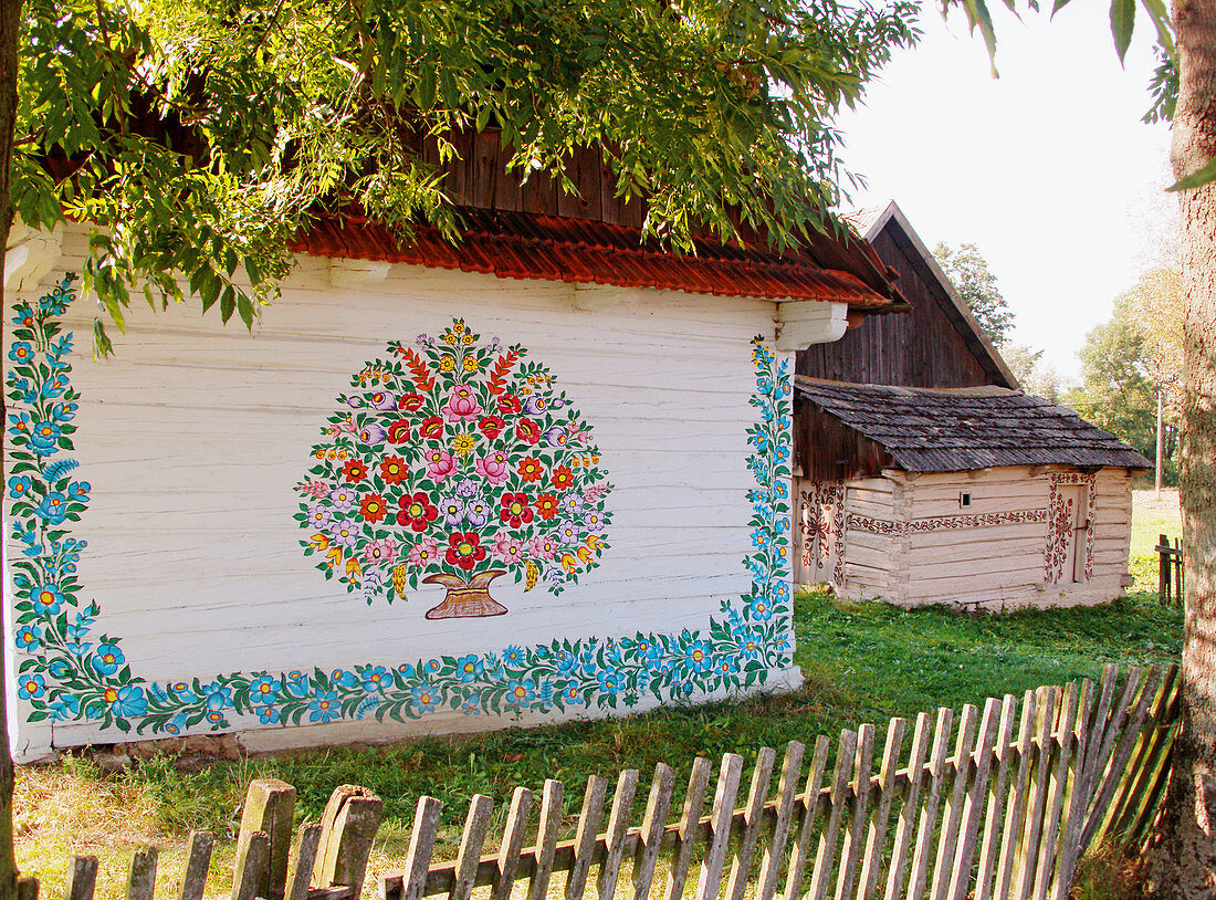 Hand painted flowers on house in picturesque Zalipie of Poland