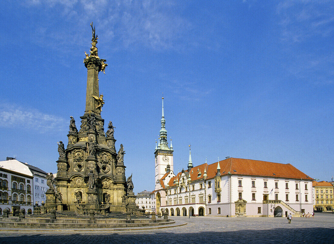 Main Square with Plaque Column of in Olomouc Czech Republic