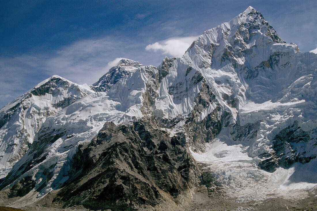 Mount Everest (center) and Nuptse (right). Himalayas. Nepal