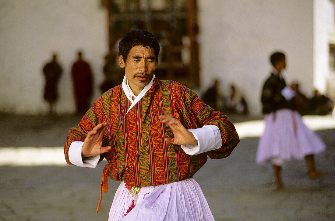 Religious dancers. Festival. Tshechu. Tongsa. Bhutan.