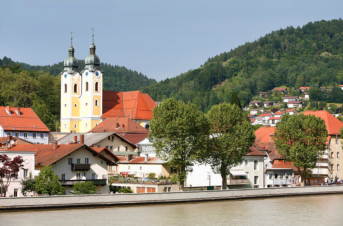 View over river Danube to Obernzell, Bavaria, Germany