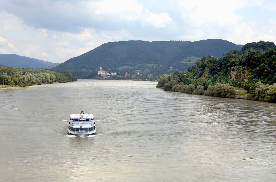 Ferry on Danube river, near Emmersdorf, Lower Austria, Austria