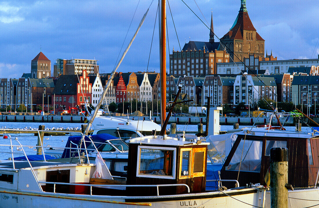 Europe, Germany, Mecklenburg-Western Pomerania, Rostock, Rostock harbour and Marienkirche, seen from Gehlsdorf