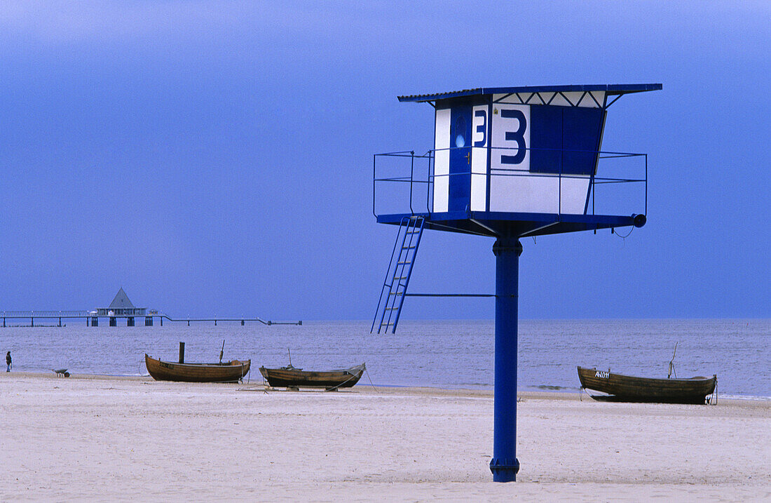 Lifeguard tower at beach of Ahlbeck, Usedom island, Mecklenburg Western-Pomerania, Germany
