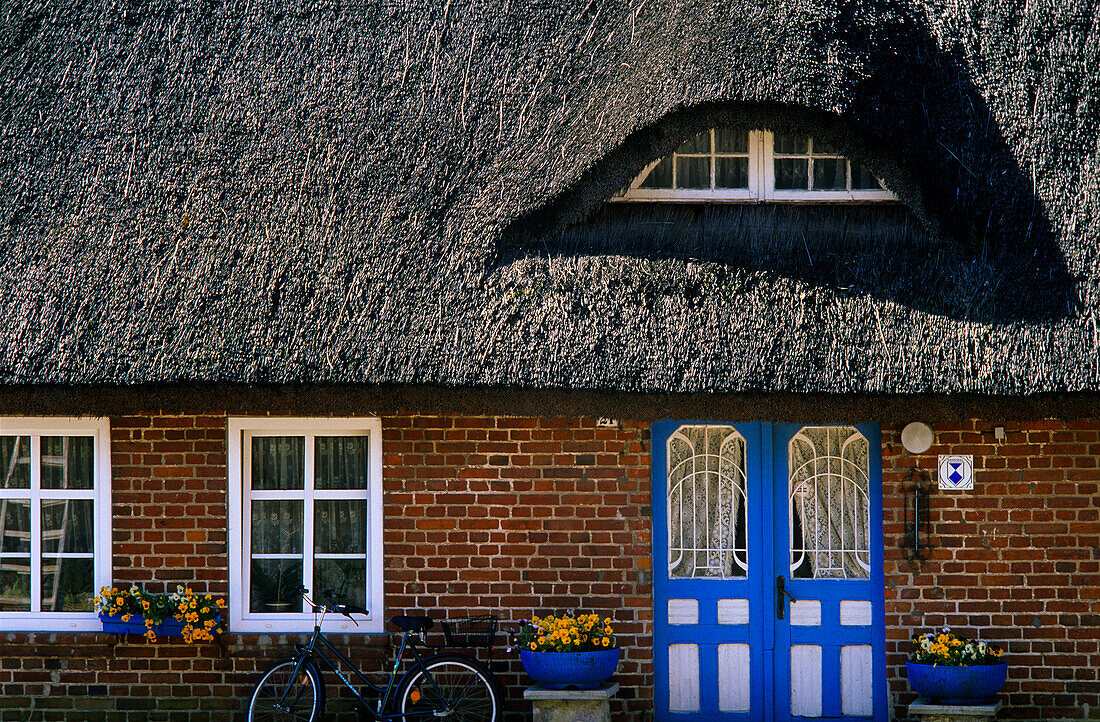 Europa, Deutschland, Mecklenburg-Vorpommern, Insel Rügen, Reetgedecktes Haus in Sellin