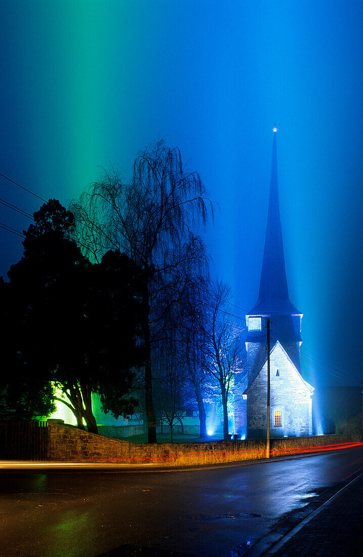 Europe, Germany, Thuringia, Weimar, Feininger Church Gelmeroda with light installation, Lichtskulptur Gelmeroda -LS 9803-