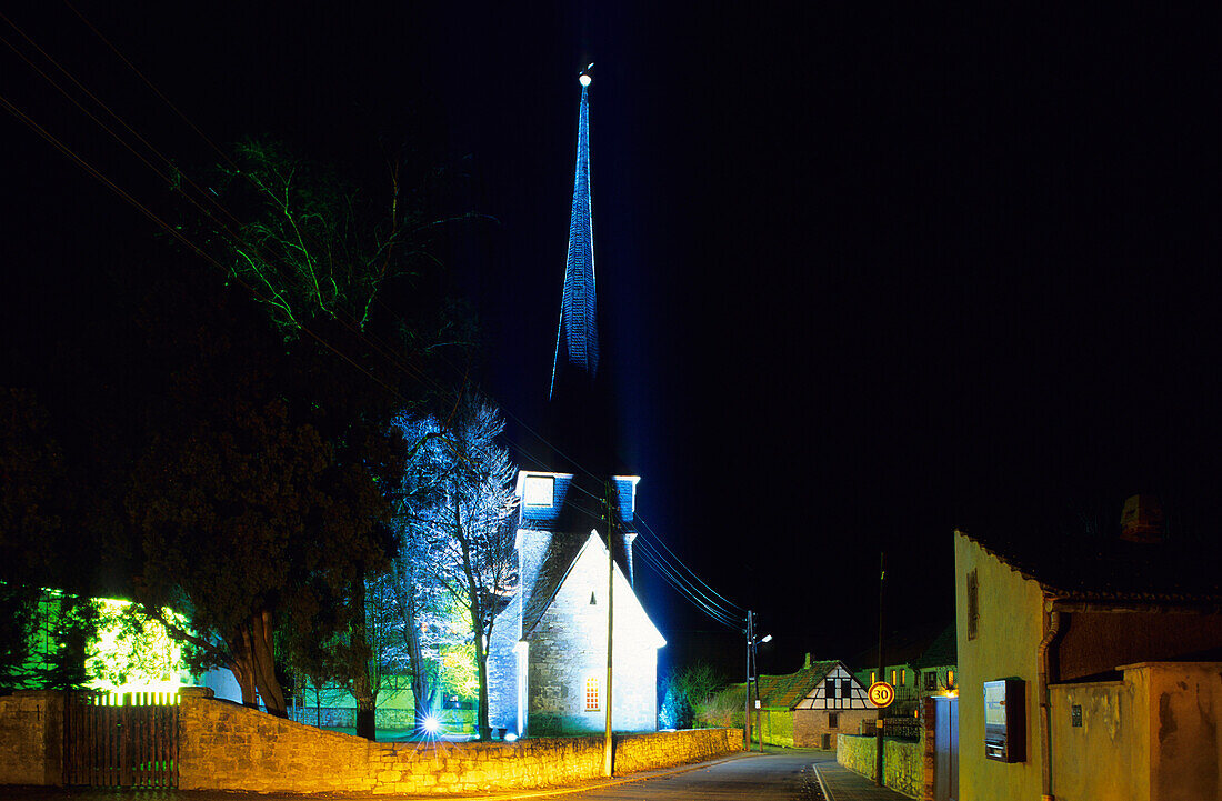 Europe, Germany, Thuringia, Weimar, Feininger Church Gelmeroda with light installation, Lichtskulptur Gelmeroda -LS 9803-