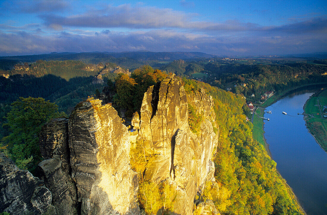 Europe, Germany, Saxony, view from the Bastei viewpoint over the river Elbe, Saxon Switzerland, Elbsandsteingebirge