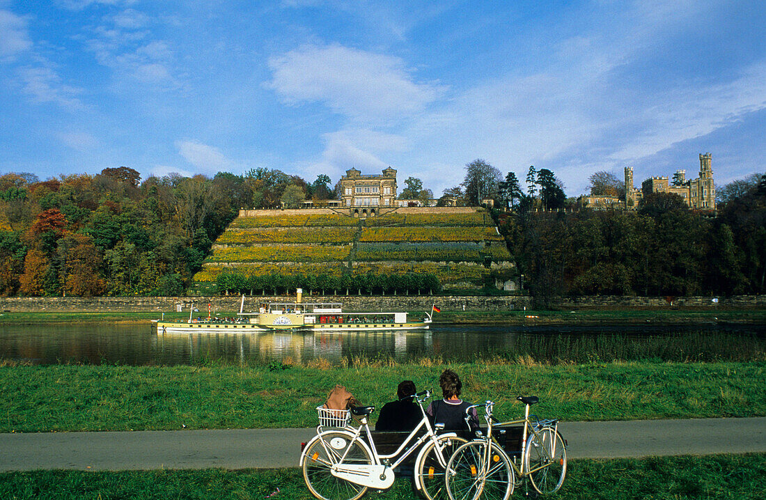 Europe, Germany, Saxony, view of the river Elbe near Dresden with Lingner Castle and Eckberg Castle