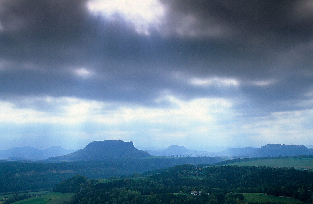 Europe, Germany, Saxony, view from the Bastei viewpoint towards the Lilienstein, Saxon Switzerland, Elbsandsteingebirge