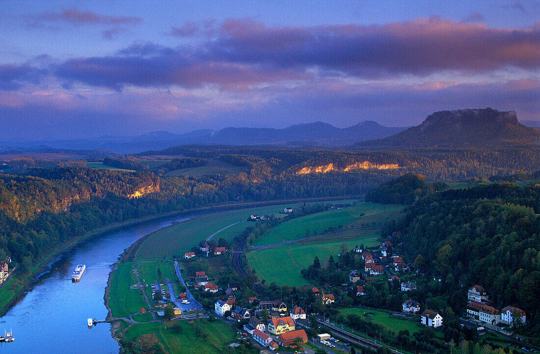 Europe, Germany, Saxony, view from the Bastei viewpoint over the river Elbe towards the Lilienstein, Saxon Switzerland, Elbsandsteingebirge