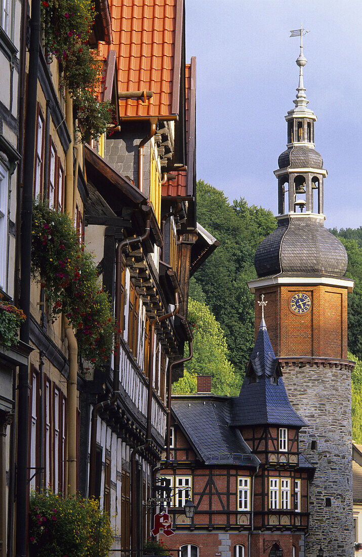 Saiger Tower and half-timbered houses, Stolberg, Saxony-Anhalt, Germany