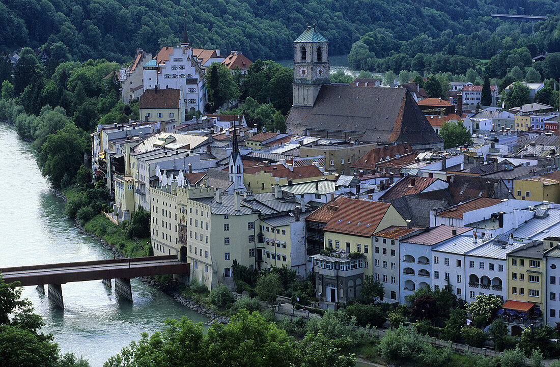 View over Wasserburg am Inn with St. James' Church, Wasserburg am Inn, Bavaria, Germany