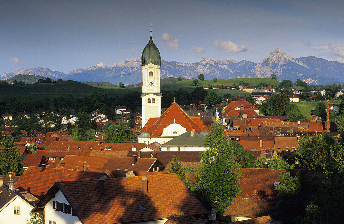 View over Nesselwang to the Alps, Nesselwang, Bavaria, Germany