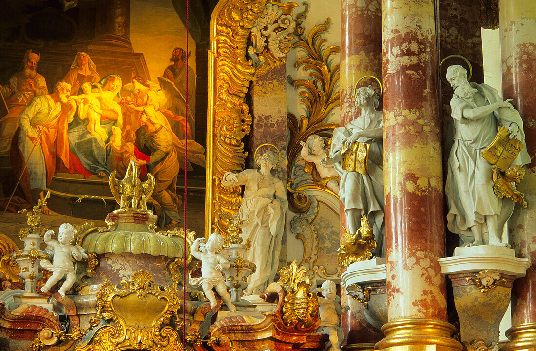 Europe, Germany, Bavaria, Steingaden, Wies church, detail of sculptures of the saints