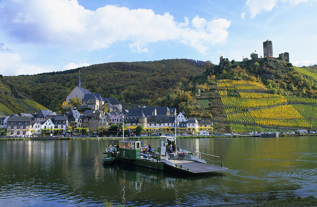 View over river Moselle to Metternich castle, Beilstein, Rhineland-Palatinate, Germany