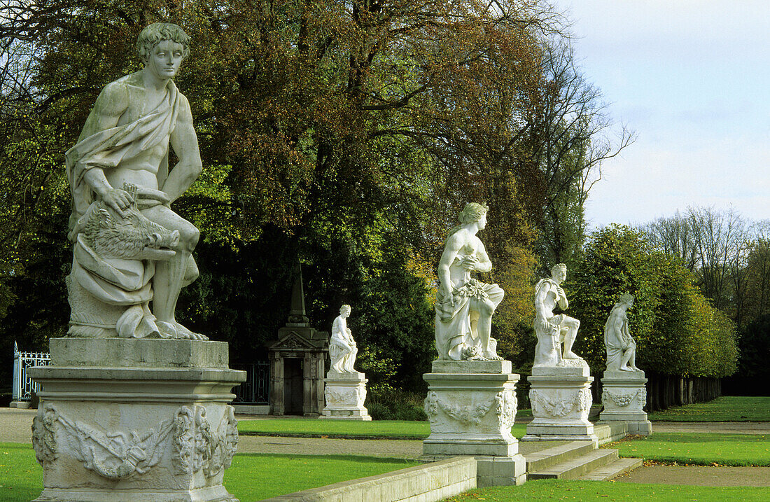 Statues in castle garden, Benrath castle, Dusseldorf, North Rhine-Westphalia, Germany