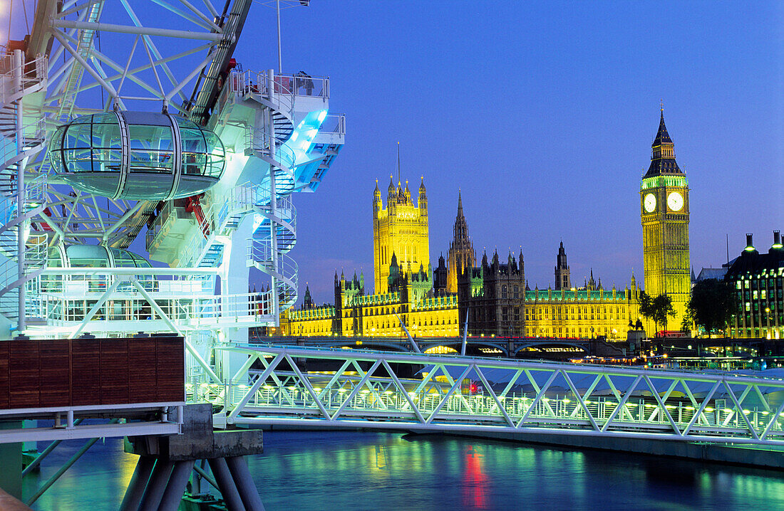 Europe, Great Britain, England, London, London Eye with view of the River Thames, Big Ben and the Houses of Parliament