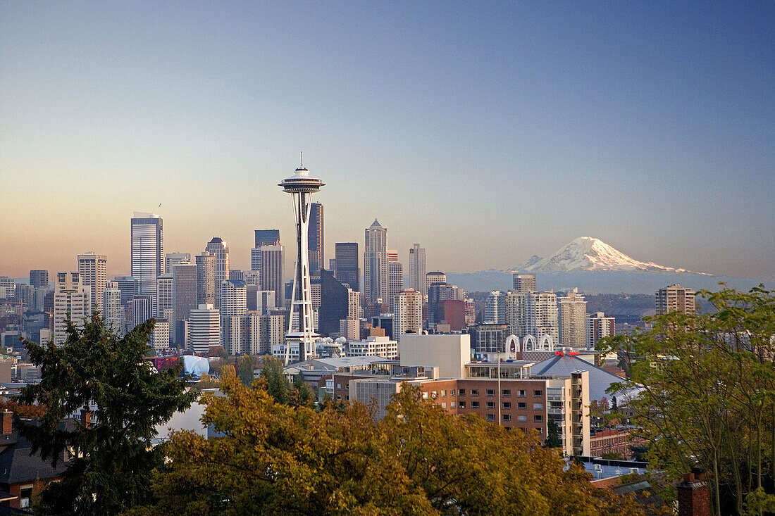 Oct. 2007. USA. Washington State. Seattle City. Space Needle, Downtown Seattle and Mount Rainer