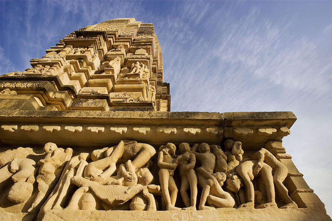 Erotic sculpture on Lakshmana Temple. Khajuraho. Madhya Pradesh, India