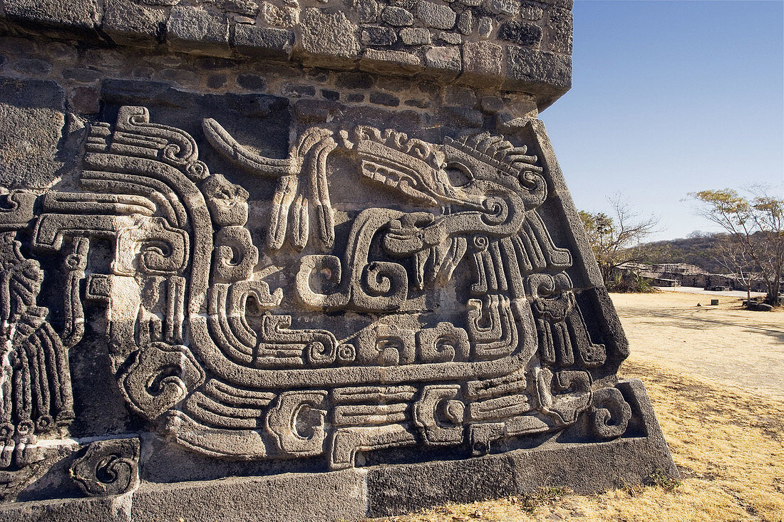 Near Cuernavaca City. Ceremonial Center of Xochicalco. Quetzalcoatl Piramid. Mexico.