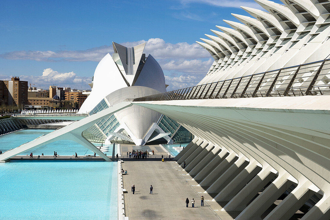 City of Arts and Sciences. Museum of Sciences 'Principe Felipe', L'Hemisferic and the Palace of Arts Reina Sofia. Valencia. Comunidad Valenciana, Spain