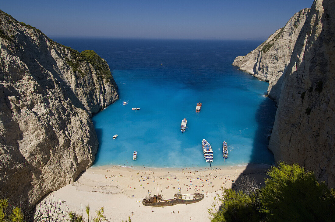 Smuggler's Cave, the famous beach with Ship Wreck. Zakynthos Island, Greece.